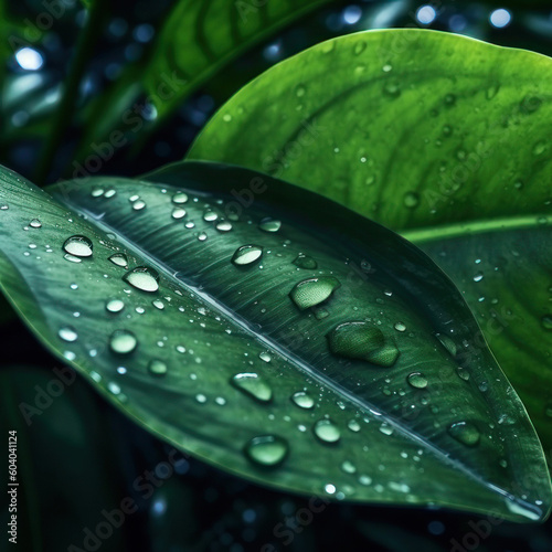 Green leaves and water drops. Background, texture. Square background. AI generative.