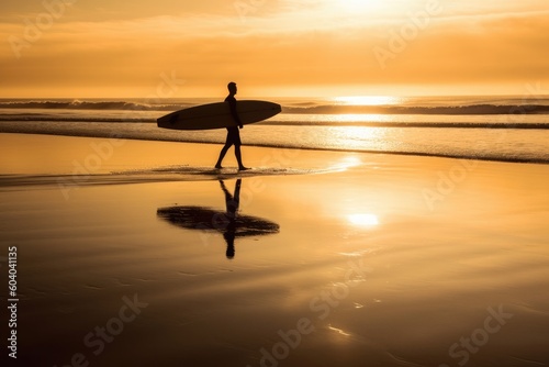 Serene Silhouette: Surfer Walking in the Ocean at Sunset