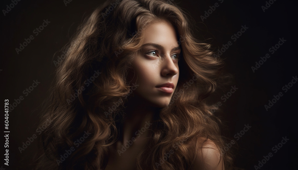 Beautiful woman with long brown curly hair smiling generated by AI