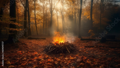 Burning autumn bonfire illuminates tranquil forest landscape generated by AI