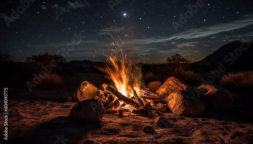 Burning campfire illuminates tranquil mountain landscape at dusk generated by AI