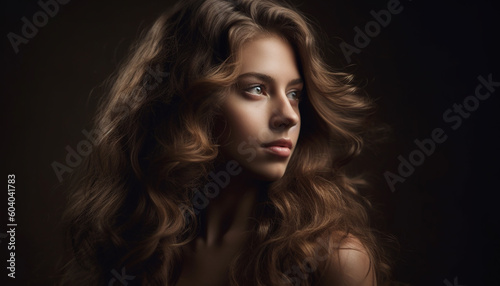 Beautiful woman with long brown curly hair smiling generated by AI