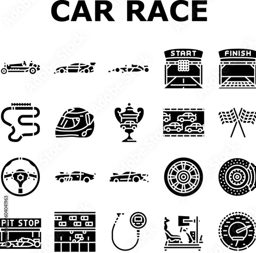 car race vehicle speed auto icons set vector. transportation sport, transport automobile, automotive wheel, modern rally, motor car race vehicle speed auto glyph pictogram Illustrations