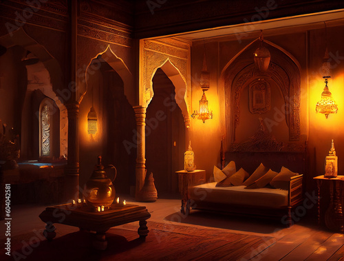 A highly detailed and photorealistic illustration of an interior room designed in an oriental style, showcasing intricate patterns, rich colors, and cultural elements, generative ai