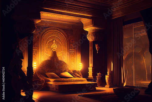 A highly detailed and photorealistic illustration of an interior room designed in an oriental style, showcasing intricate patterns, rich colors, and cultural elements, generative ai