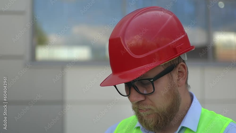 man at the construction site. a man looks at a computer display. close-up of the face. real time video. High quality Full HD video recording man at the construction site. a man looks at a computer display. close-up of the face. real time video. High quality Full HD video recording