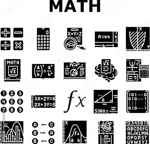 math education school science icons set vector. mathematics algebra, geometry formula, knowledge graphic, mathematical equation math education school science glyph pictogram Illustrations