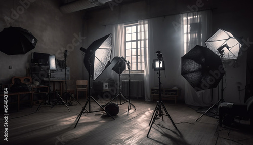 Professional photographer illuminates empty stage with spotlight generated by AI