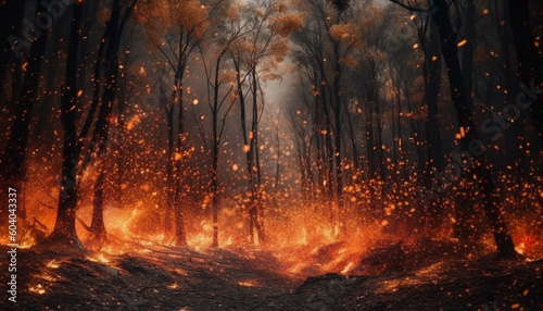 Glowing inferno ignites vibrant forest colors at dusk generated by AI
