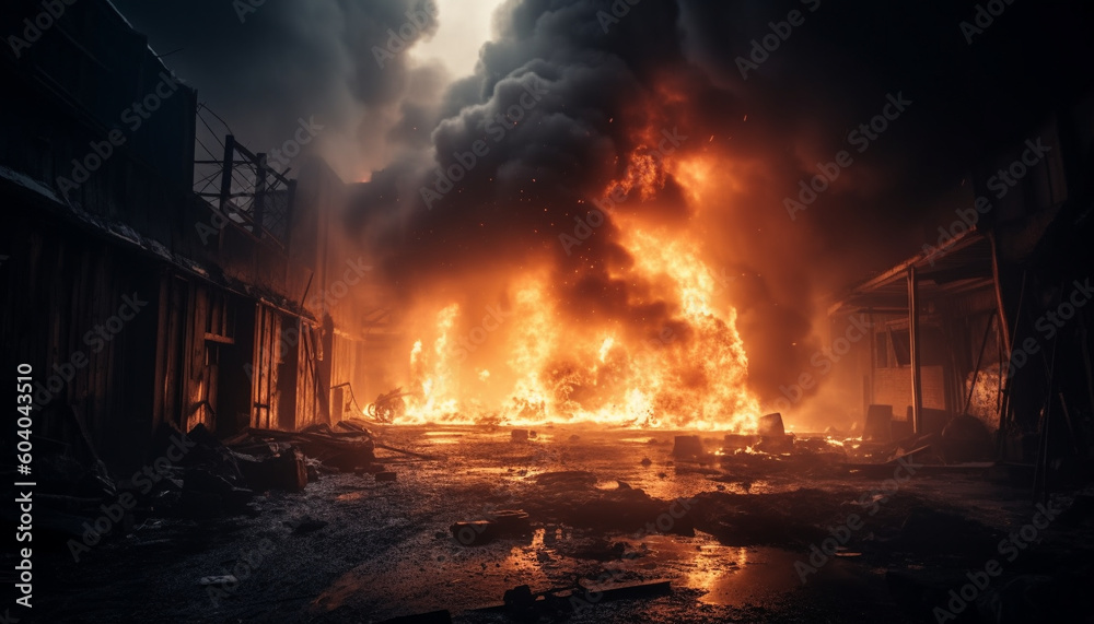 Burning factory ruins emit dark smoke ash generated by AI