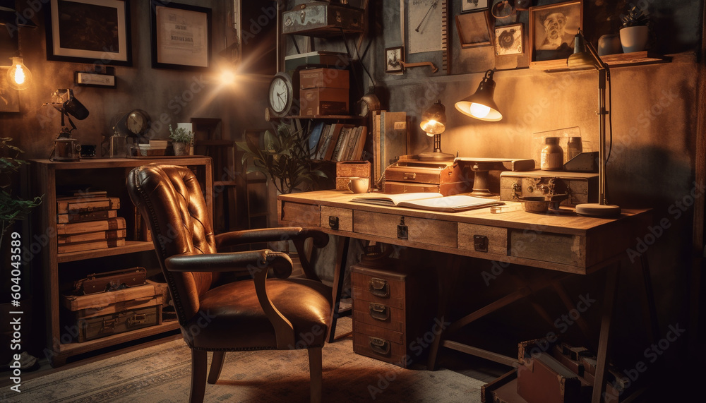 Rustic wooden table and antique leather chair generated by AI