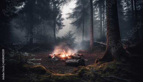 Burning campfire illuminates spooky autumn mountain landscape generated by AI