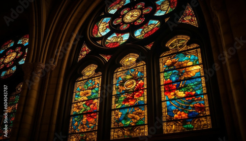 Stained glass window illuminates ancient Gothic chapel generated by AI