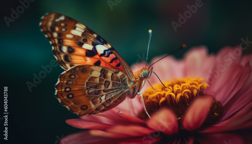 Vibrant butterfly pollinates flower, showcasing natural beauty generated by AI © Stockgiu