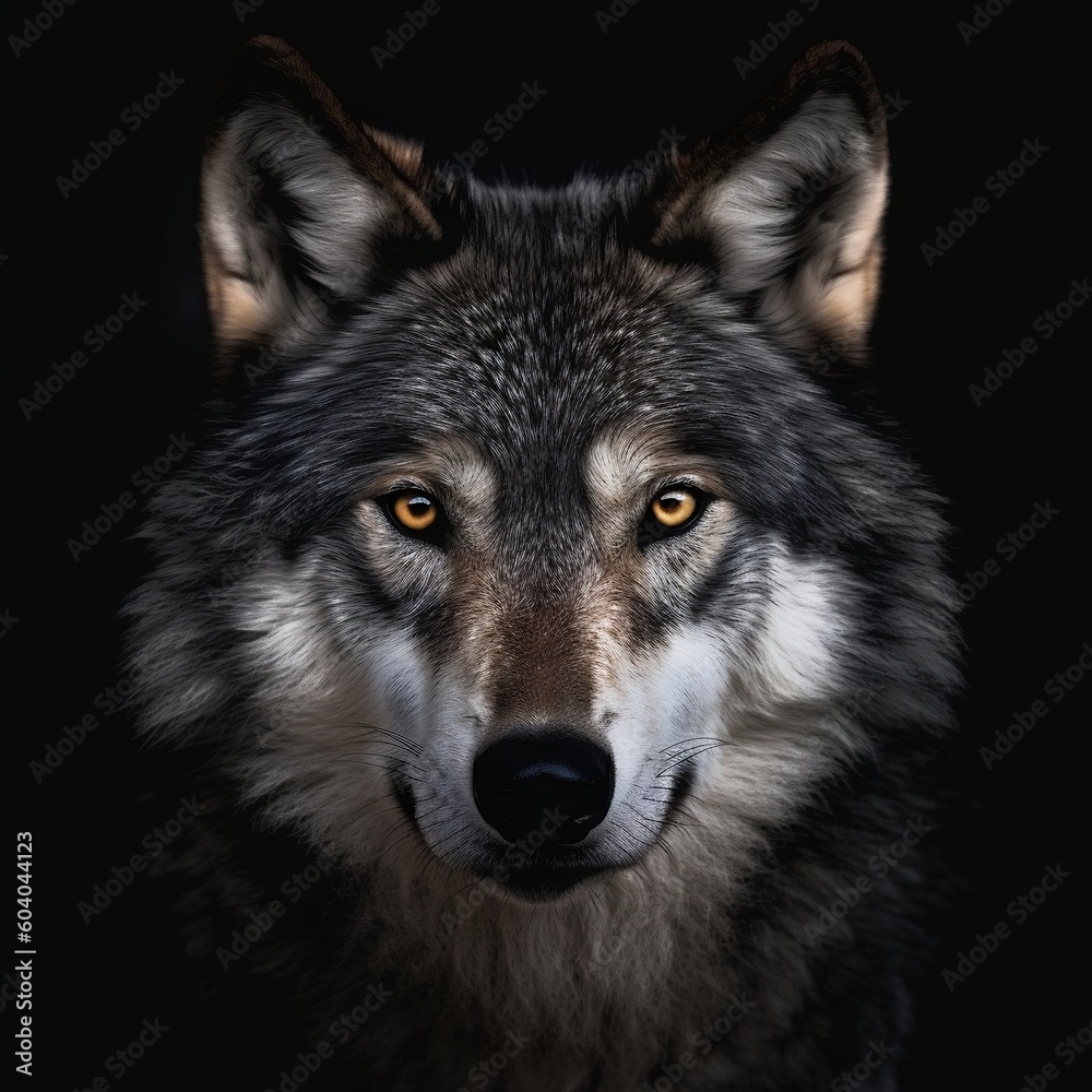 Majestic Wolf Portrait on Black Background. AI