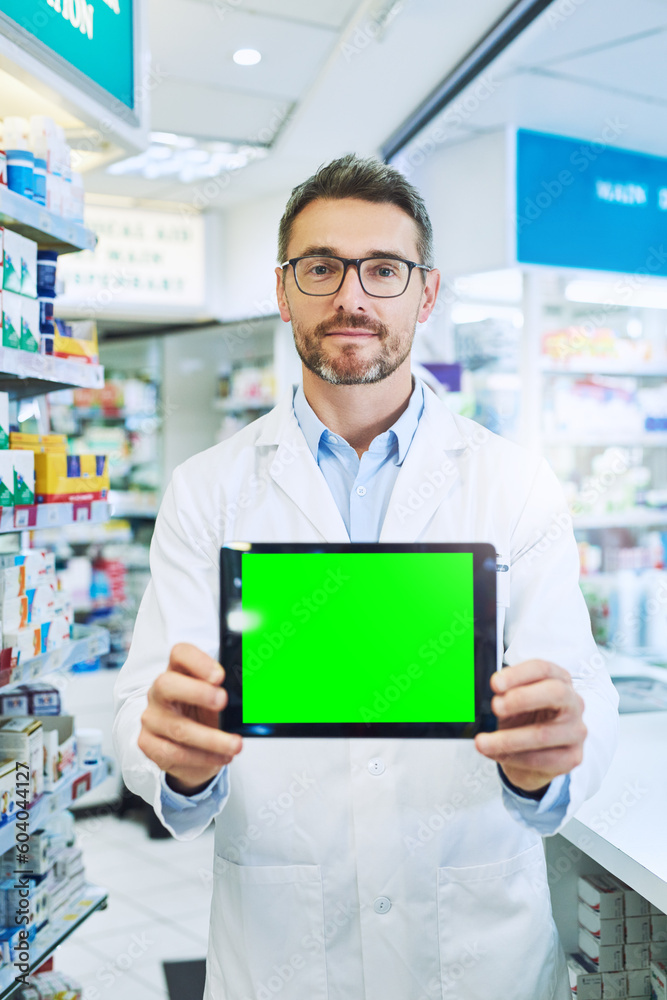 Man, pharmacy and tablet with green screen with healthcare, shop or mockup for pharmaceutical promo on app. Mature pharma expert, digital touchscreen and space with chromakey for mock up in store