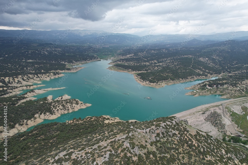 Aerial photo of drone view of Antalya Korkuteli dam lake 2023