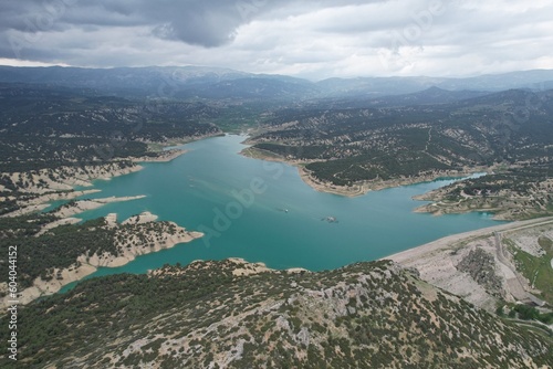 Aerial photo of drone view of Antalya Korkuteli dam lake 2023