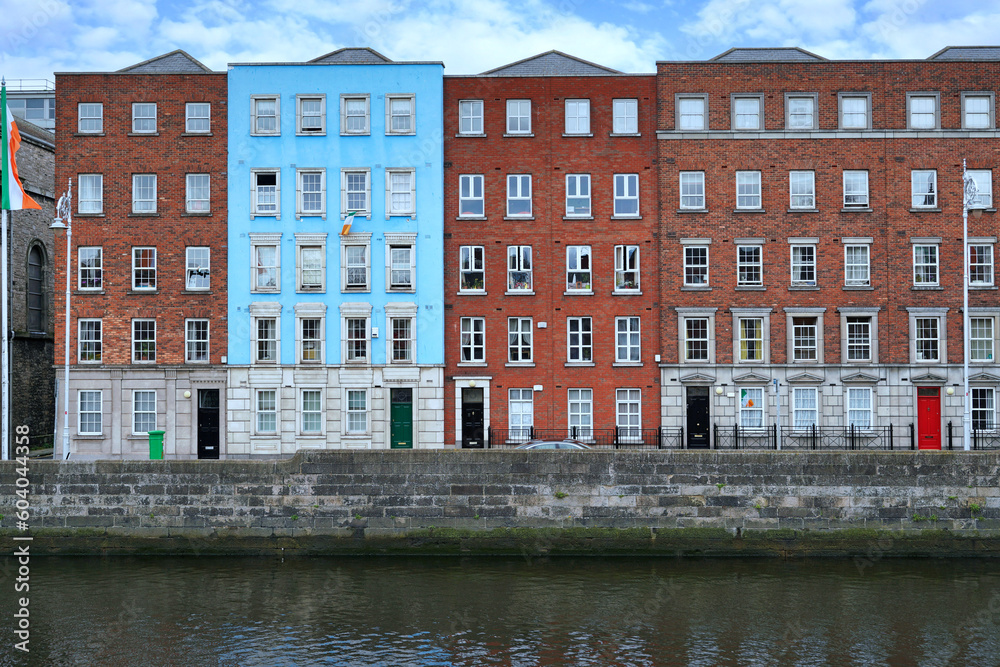 Colorful old apartment or office buildings beside the River Liffey in Dublin