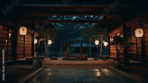 Inside the lobby of a Japanese-style building, the atmosphere of lanterns is arranged