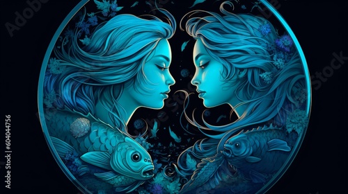 Pisces Zodiac sign background wallpaper illustration design, fish, stars, cute, Generative AI