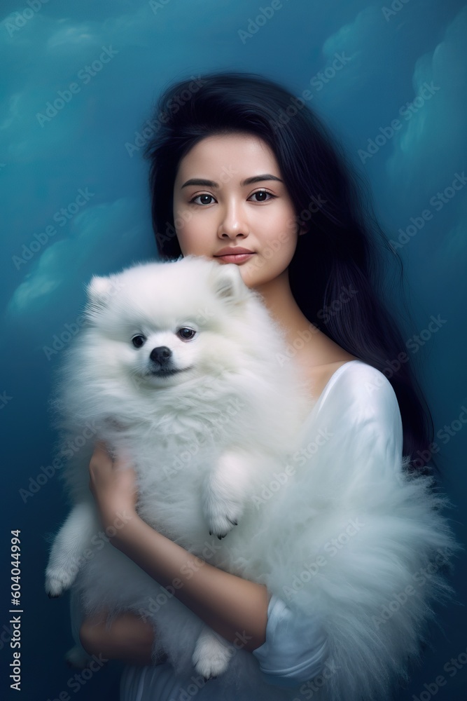 Beautiful woman with black hair posing with her white pomeranian puppy on blue background. Generated AI.