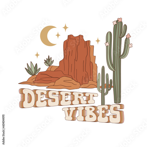 Western desert landscape with mountain, cactus and text vector illustration. Wild West aesthetic print design.