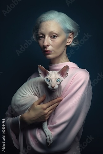 Beautiful older woman with gray hair posing with her naked pink sphynx cat on blue background. Generated AI.