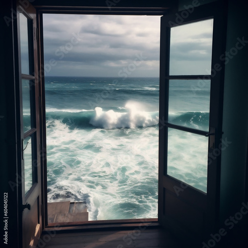 Closeup door of old wooden house with the sea outside