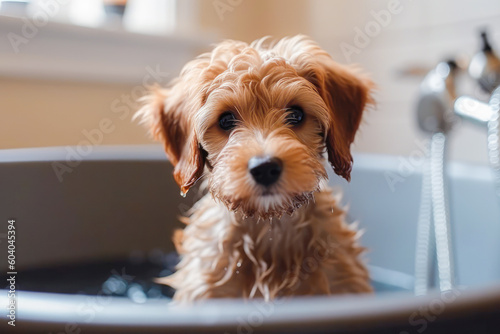 Funny puppy sitting in bathtub waiting for grooming. Banner for pet shop, grooming salon. Generative AI