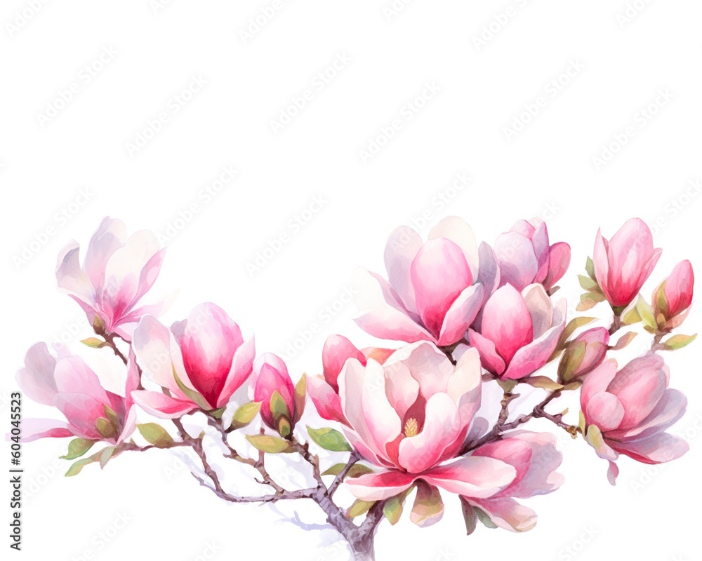 Watercolor painting of pink magnolia flower set isolated on white background. Cut out PNG illustration on transparent background. AI Generative.