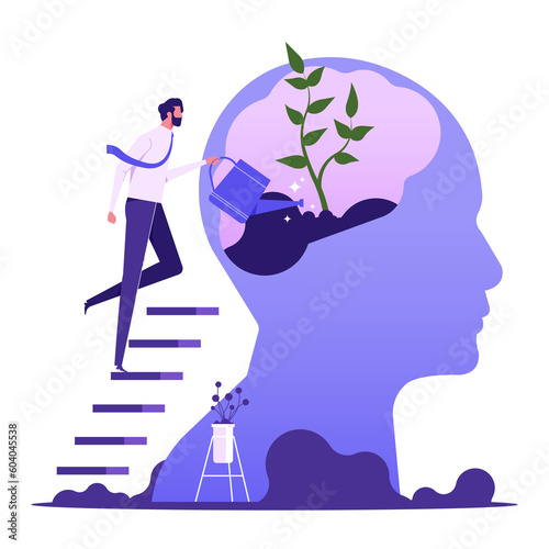 Personal growth. Self-improvement and self development concept. Man watering that growing plant from the brain as metaphor growth personality
