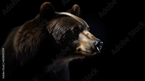 Close up of Brown bear in the dark black background with low light and high contrast. Created with generative AI technology