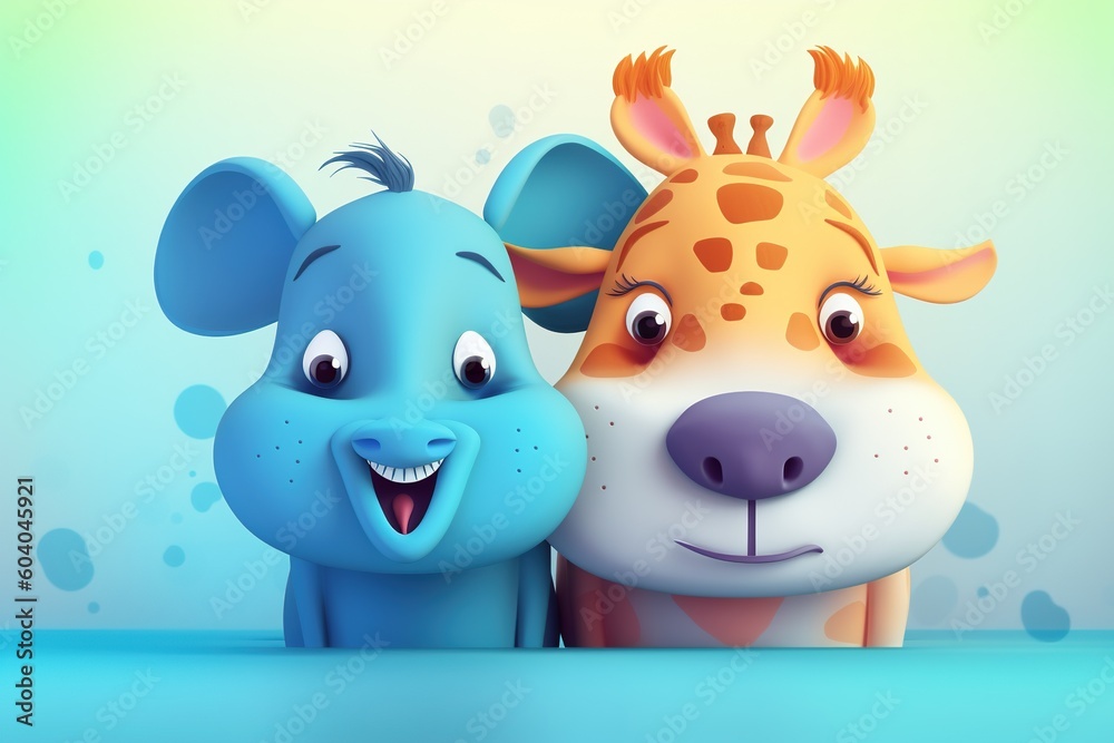 Fototapeta premium Cute cartoon couple of animals on pure background. 3D illustration.