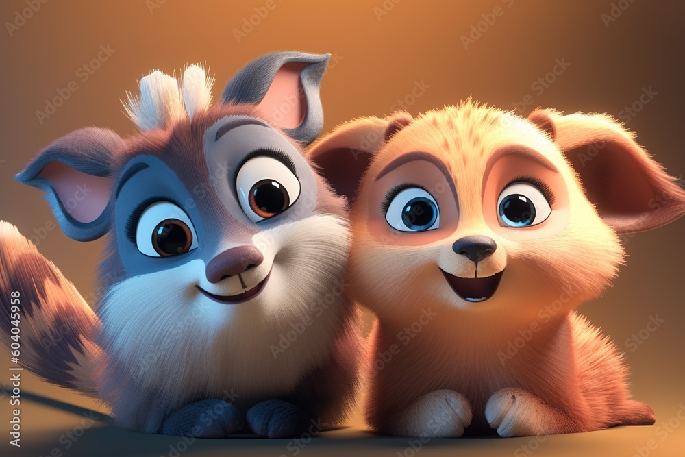 Fototapeta premium Cute cartoon couple of animals on pure background. 3D illustration.