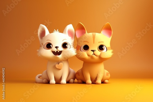 Cute cartoon couple of animals on pure background. 3D illustration.