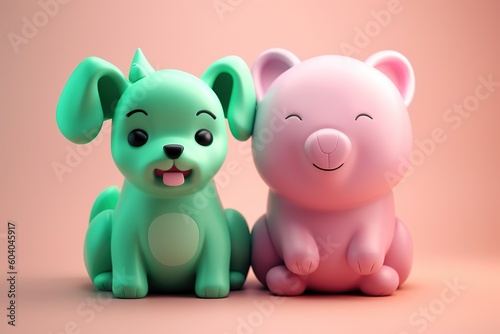 Cute cartoon couple of animals on pure background. 3D illustration.