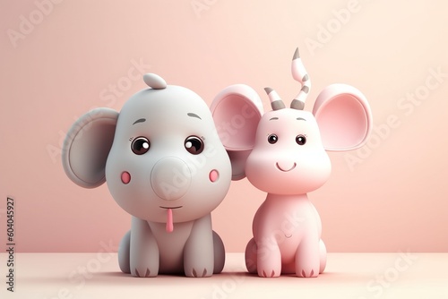 Cute cartoon couple of animals on pure background. 3D illustration.