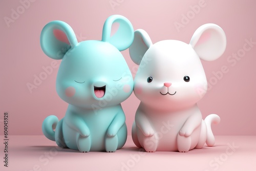 Cute cartoon couple of animals on pure background. 3D illustration.