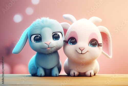Cute cartoon couple of animals on pure background. 3D illustration.