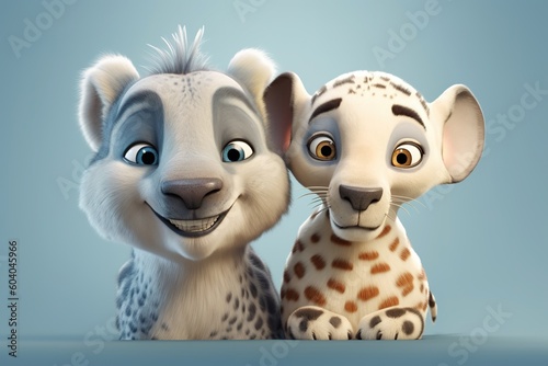Cute cartoon couple of animals on pure background. 3D illustration.