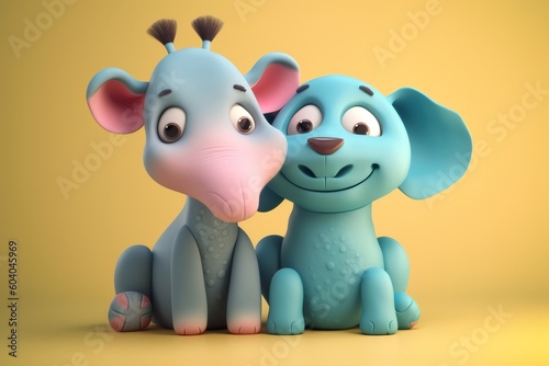Cute cartoon couple of animals on pure background. 3D illustration. © Color