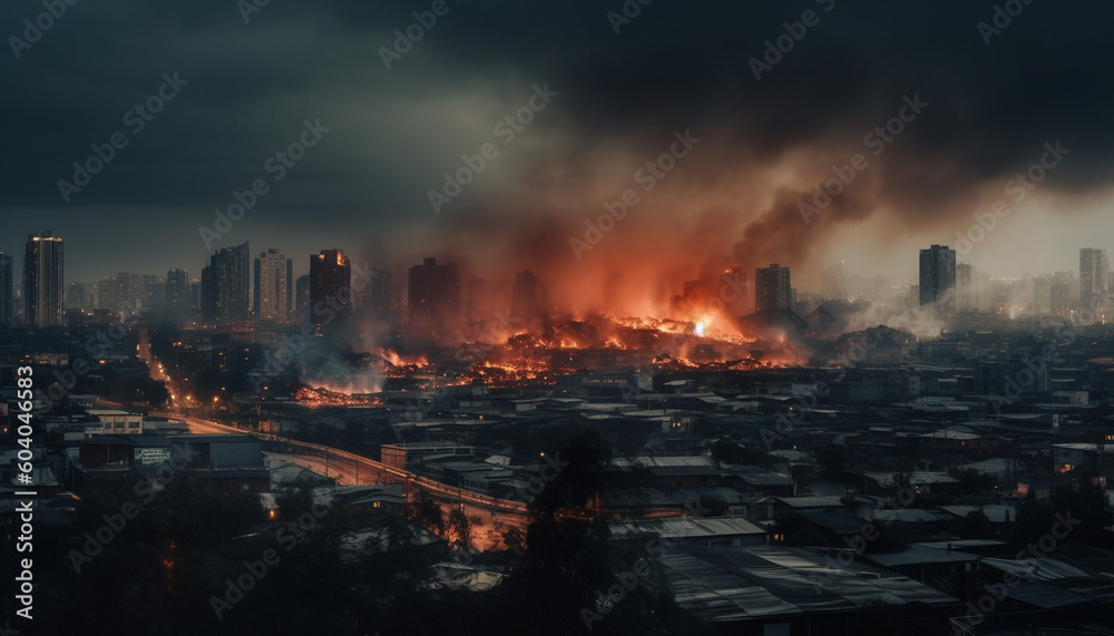 Glowing city skyline burning with dangerous flames generated by AI