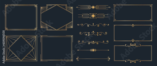 Collection of geometric art deco ornament. Luxury golden decorative elements with different lines, frames, headers, dividers and borders. Set of elegant design suitable for card, invitation, poster.