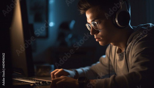 Caucasian man working late, listening with headphones generated by AI