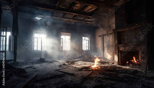Dark, abandoned factory burning in fiery inferno generated by AI © Stockgiu