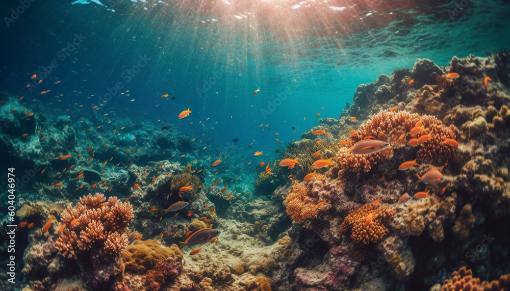 Fototapeta premium Tropical fish swim in coral reef paradise generated by AI