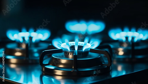 Glowing burner on stainless steel stove top generated by AI