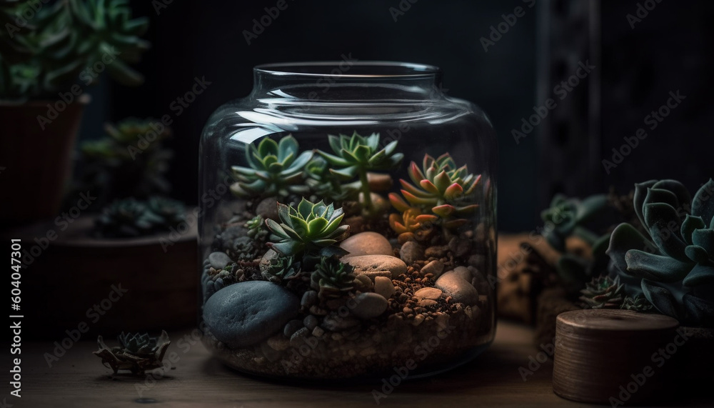 Green houseplant growth in ornate glass terrarium generated by AI Green houseplant growth in ornate glass terrarium generated by AI
