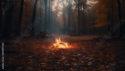 Burning forest, autumn leaves, fiery inferno, ash aftermath generated by AI